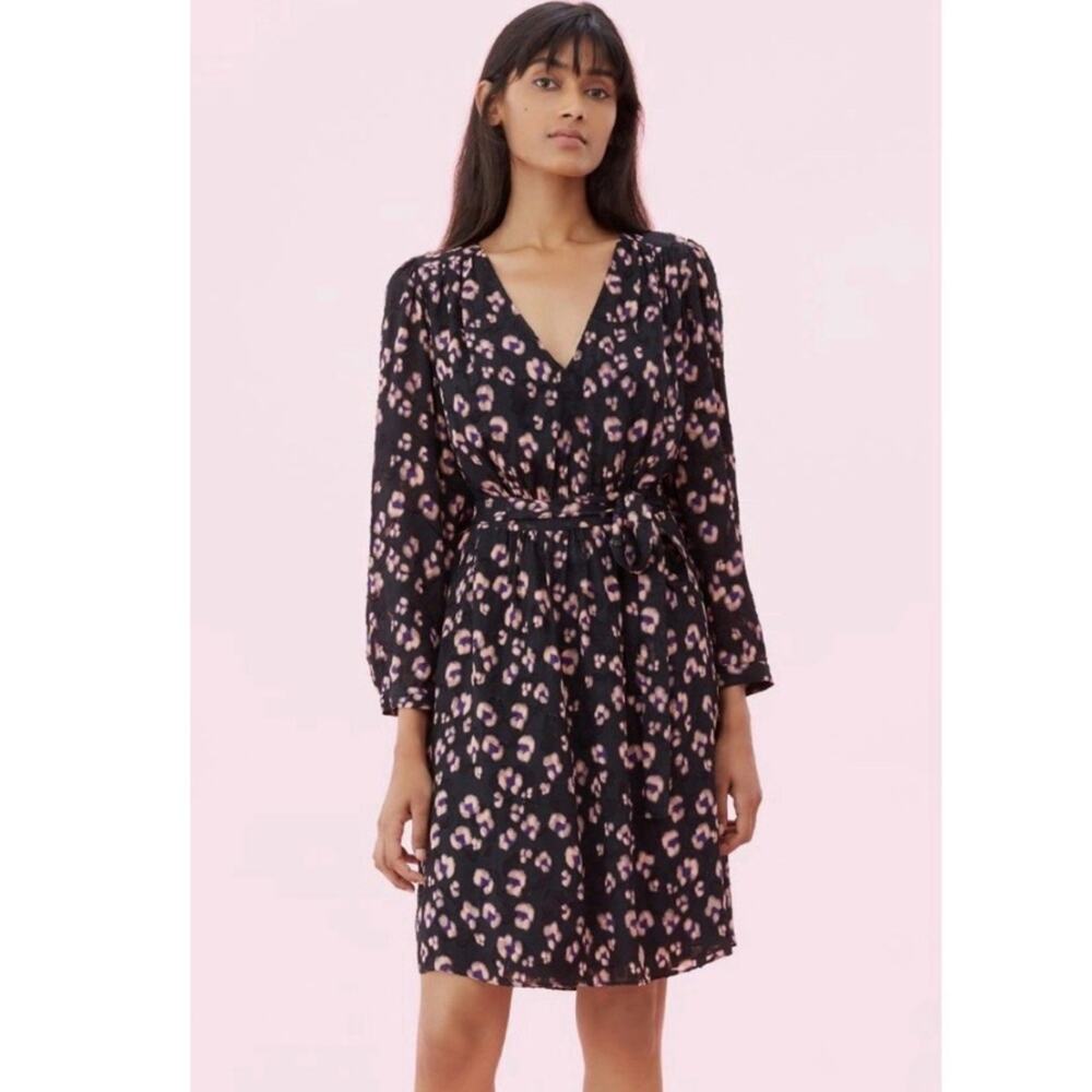 Rebecca Taylor Black W/ Peach & Purple Cheetah Print 
Satin Jacquard Dress sz 8
